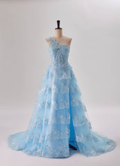 Formal Dresses Long, One Shoulder Light Blue Appliques Ruffle Formal Dress