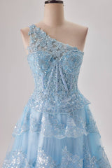 On Piece Dress, One Shoulder Light Blue Appliques Ruffle Formal Dress