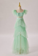 Formal Dresses Long Sleeves, Mint Green Flare Sleeves Ruffles Long Party Dress