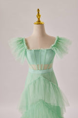 Formal Dresses For Middle School, Mint Green Flare Sleeves Ruffles Long Party Dress