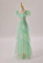 Formal Dress Off The Shoulder, Mint Green Flare Sleeves Ruffles Long Party Dress