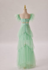 Formal Dresses For 26 Year Olds, Mint Green Flare Sleeves Ruffles Long Party Dress