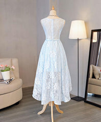 Bridesmaids Dresses Summer Wedding, Light Blue Lace High Low Prom Dress, Homecoming Dress