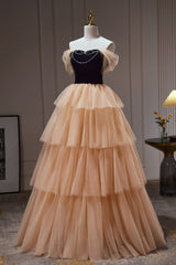 Party Dresses Outfits, Champagne Off The Shoulder Evening Gown A Line Tulle Long Prom Dresses
