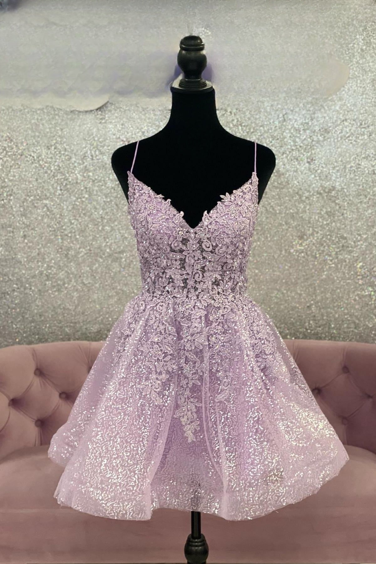 Evening Dress Stores, Lilac A-line Sequined Appliques Straps V Neck Homecoming Dress