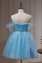 Party Dress Shops Near Me, Blue Off The Shoulder Beading Appliques Tulle Short Homecoming Dresses