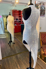 Homecoming Dresses Modest, Iridescent White Sequin Halter One-Sleeve High-Low Cocktail Dress