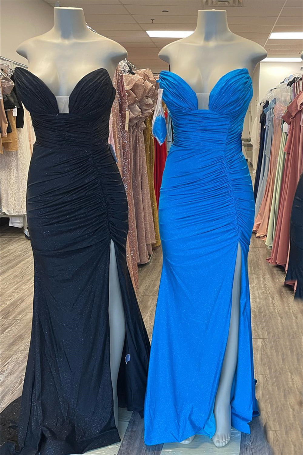 Formal Dress Idea, Black & Blue Jay Strapless Mermaid Pleated Long Prom Dress with Slit