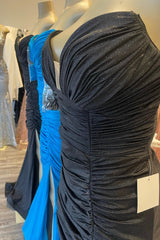 Formal Dress Ideas, Black & Blue Jay Strapless Mermaid Pleated Long Prom Dress with Slit