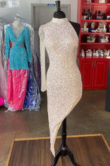 Homecoming Dresses Baby Blue, Iridescent White Sequin Halter One-Sleeve High-Low Cocktail Dress