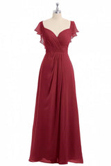 Evening Dress Long, Wine Red Chiffon Backless Ruffled Sleeve Long Bridesmaid Dress