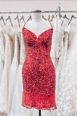 Bridesmaid Dress Cheap, Red Lace-Up Sequins Sheath V Neck Homecoming Dress with Tassels