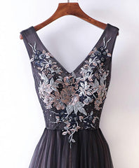 Semi Dress, Black V Neck Lace Applique Tulle Long Prom Dress, Black Evening Dress