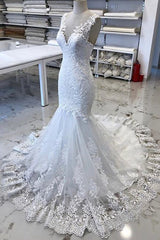Wedding Dresses Shop, Luxury V Neck Lace Tulle Mermaid Wedding Dresses with Appliques