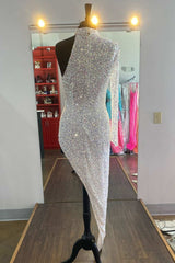 Homecoming Dress Modest, Iridescent White Sequin Halter One-Sleeve High-Low Cocktail Dress