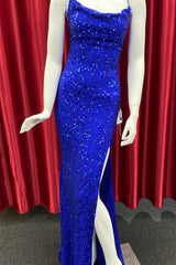 Bridesmaid Dresses Online, Royal Blue Lace-Up Sequins Mermaid Long Prom Dress with Slit