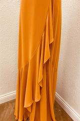 Prom Dresses 2035 Long Sleeve, Rust V-Neck Spaghetti Straps Ruffled Long Bridesmaid Dress