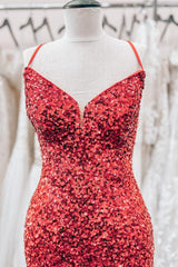 Bridesmaids Dress Designers, Red Lace-Up Sequins Sheath V Neck Homecoming Dress with Tassels