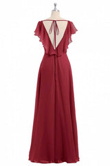 Evening Dress Boutique, Wine Red Chiffon Backless Ruffled Sleeve Long Bridesmaid Dress