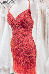 Bridesmaid Dress Designers, Red Lace-Up Sequins Sheath V Neck Homecoming Dress with Tassels