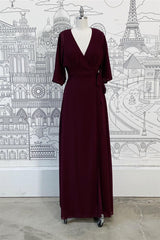 Evening Dress Fitted, Wrap V Neck Sleeves Chiffon Long Bridesmaid Dress with Sash