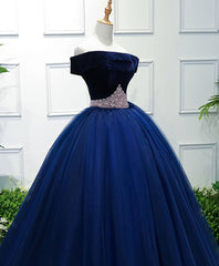 Bridesmaid Dresses In Store, Dark Blue Tulle Off Shoulder Long Prom Dress, Blue Sweet 16 Dress
