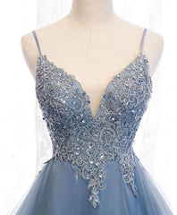 Formal Dresses With Sleeves For Weddings, Blue Sweetheart Tulle Lace High Low Prom Dress, Blue Homecoming Dress