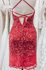 Bridesmaids Dress Cheap, Red Lace-Up Sequins Sheath V Neck Homecoming Dress with Tassels