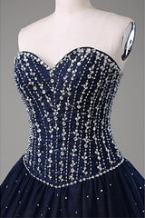 Party Dresses Style, Navy Blue Ball Gown Floor Length Sweetheart Sleeveless Mid Back Prom Dresses