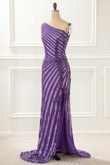 Prom Dress Long Sleeve Ball Gown, One Shoulder Purple Sequin Prom Dress with Slit