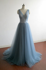 Prom Dresses Vintage, Simple gray blue tulle long prom dress, evening dress