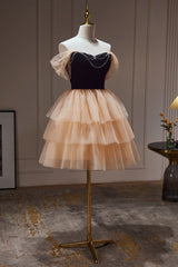 Bridesmaid Dress Yellow, Chic Champagne Off The Shoulder Beading Tulle Short Homecoming Dresses
