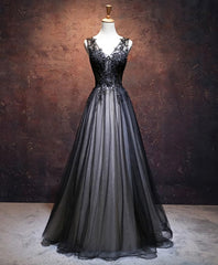 Senior Prom Dress, Black V Neck Tulle Lace Applique Long Prom Dress, Black Evening Dress, 1