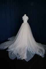 Wedding Dress Custom, Elegant V Neck Off-shoulder Tulle Pleat Sweep Train Wedding Dresses