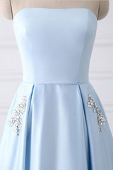 Party Dresses Summer Dresses, Light Blue A Line Floor Length Strapless Sleeveless Lace Up Prom Dresses