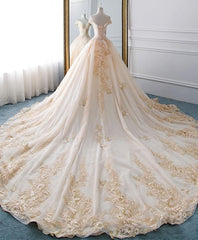 Wedding Dresses On A Budget, Unique Champagne Tulle Lace Long Wedding Dress, Bridal Gown