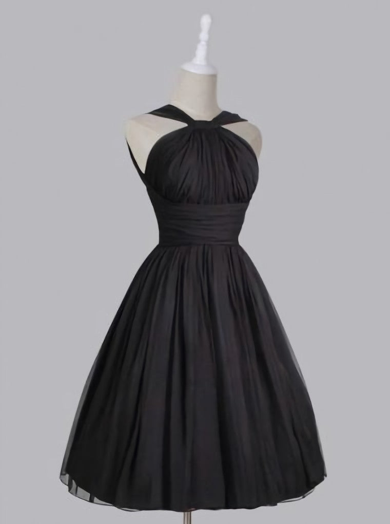 Prom Dresses Chicago, Vintage A Line Straps Knee Length Chiffon Sash Backless Black Party Homecoming Dresses