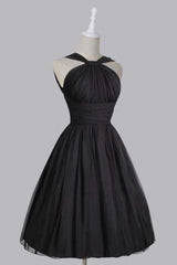Prom Dress Chicago, Vintage A Line Straps Knee Length Chiffon Sash Backless Black Party Homecoming Dresses