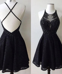Party Dresses Short, A-Line Jewel Backless Short Black Lace Homecoming Dress 2024 with Beading