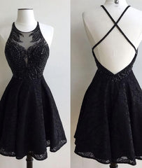 Prom Dresses 2024, A-Line Jewel Backless Short Black Lace 2024 with Beading Homecoming Dresses