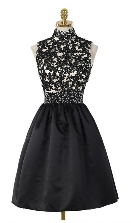 Party Dresses For Teens, A-Line High Neck Open Back Above-Knee Black Homecoming Dress 2024 with Lace Sequins