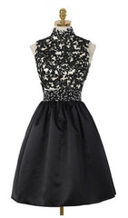 Party Dresses For Teens, A-Line High Neck Open Back Above-Knee Black Homecoming Dress 2024 with Lace Sequins