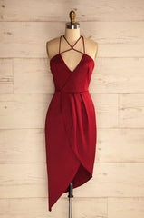 Party Dress Ideas, Sheath Halter Asymmetrical Dark Red Satin Homecoming Dress