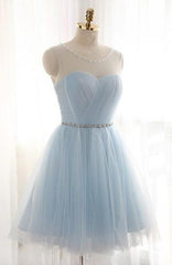 Long Sleeve Dress, A-Line Jewel Light Blue Tulle Short Homecoming Dress 2024 with Beading Pleats