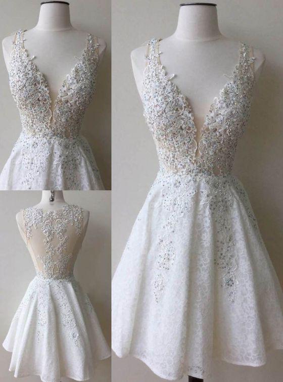 Summer Wedding, A-Line Deep V-Neck White Lace Short Homecoming Dress with Appliques Beading