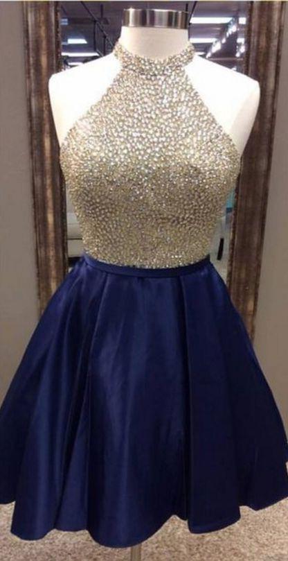 Party Dress Outfit, A-Line Jewel Navy Blue Satin Short Homecoming Dress 2024 with Beading