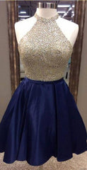 Party Dress Outfit, A-Line Jewel Navy Blue Satin Short Homecoming Dress 2024 with Beading