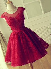Bridesmaid Dresses Mauve, A-Line Jewel Cap Sleeves Red Lace Short Homecoming Dress 2024 with Beading