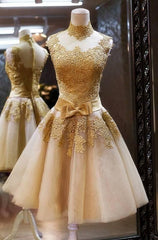 Bridesmaid Dress Stylee, A-Line High Neck Knee-Length Champagne Short Homecoming Dress 2024 with Appliques