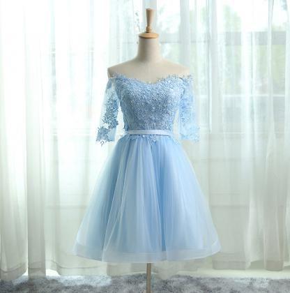 Black Tie Wedding, A-Line Off the Shoulder Half Sleeves Light Blue Tulle Homecoming Dress 2024 with Appliques